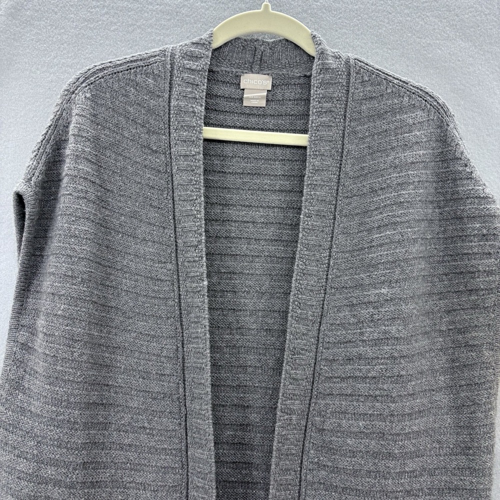 Chicos Size 0 Small Shimmer Long Open Front Sweater Vest Gray Boho Casual Staple - Picture 2 of 10